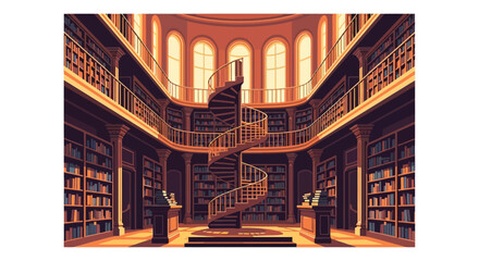 A grand ornate library interior features a central spiral staircase illuminated by warm light a striking silhouette high quality professional detailed modern © rabbivay