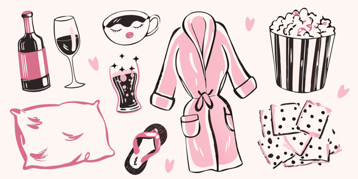 A cozy night in wine popcorn and relaxation essentials illustrated
