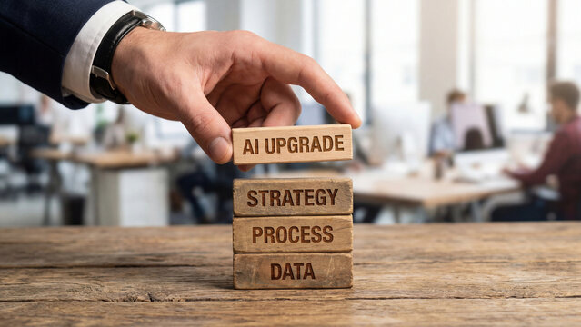 Artificial intelligence upgrade implementation concept built on data process and strategy foundation blocks for enterprise digital transformation and technology modernization in corporate office setti
