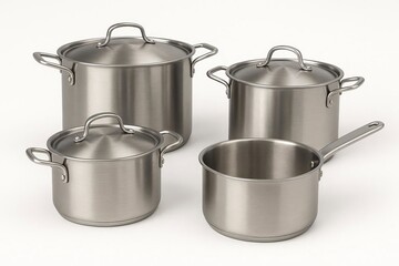 A set of stainless steel rice cookers on a white background