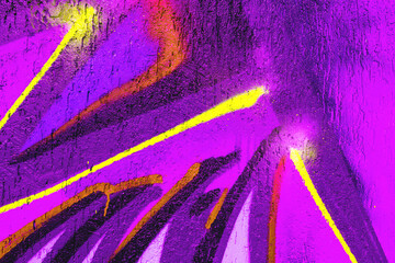 Urban graffiti wall art in neon purple, yellow, orange colors. 90s, Y2K style, vibrant paint, street culture texture. Poster, mockup, creative banner, digital art, summer visuals.