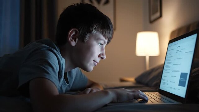 Ultra realistic cinematic video of teen boy working on laptop while lying in bed peaceful nighttime bedroom environment cool screen light reflecting on focused yet relaxed face warm ambient lamp light