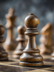 Wooden chess pawn piece standing prominently on a classic board with other blurred chess pieces in the background symbolizing strategy and planning
