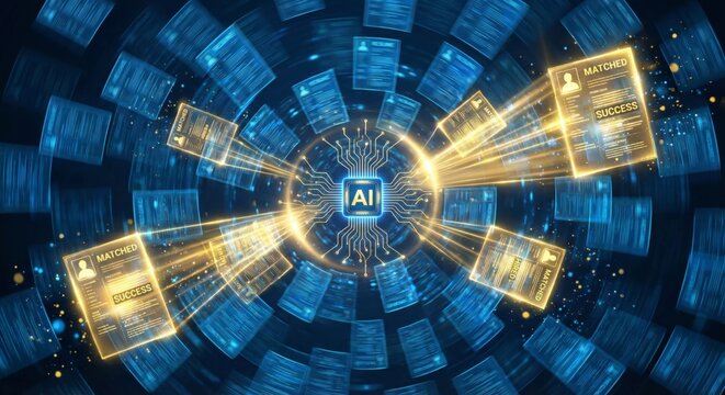 Glowing artificial intelligence microchip successfully matching job applicant resumes in futuristic cyberspace showcasing automated talent acquisition and smart corporate screening tracking
