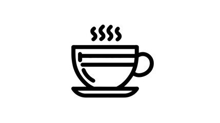 Steaming Hot Coffee or Tea Cup Icon with Saucer, Minimalist Line Art Illustration for Beverage, Cafe, and Morning Themes