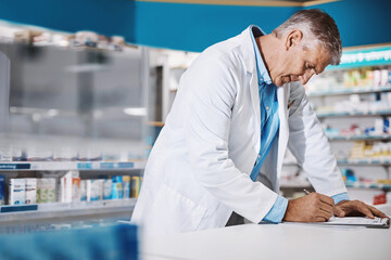 Writing, man and pharmacist with document for prescription, order and drugs for healthcare....