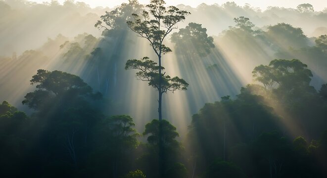Misty Rainforest with Sunbeams Piercing Through Dense Jungle and Lush Forest Foliage