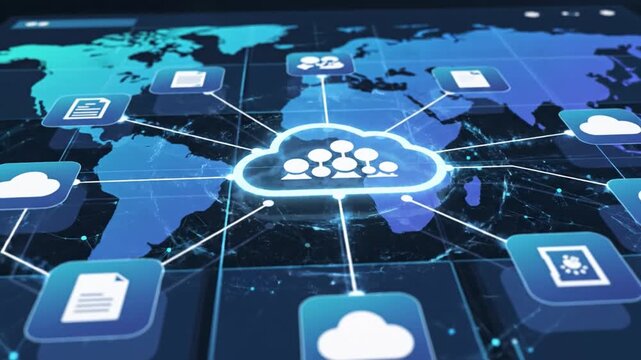 Cloud network connection icon over world map illustrating global data sharing and remote collaboration digital infrastructure and cloud computing with glowing cloud icon, digital data connection