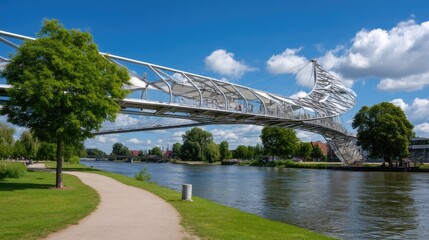 Fototapeta premium Modern bridge with unique architecture over a calm river surrounded by greenery and clear blue sky during daytime