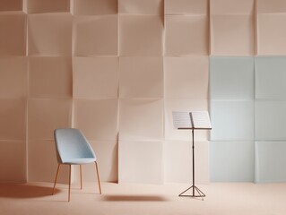 Fototapeta premium Minimalist Music Studio Corner with Chair and Music Stand Against Soundproof Wall for Adult Vocal Lessons and Singing Practice with Copy Space