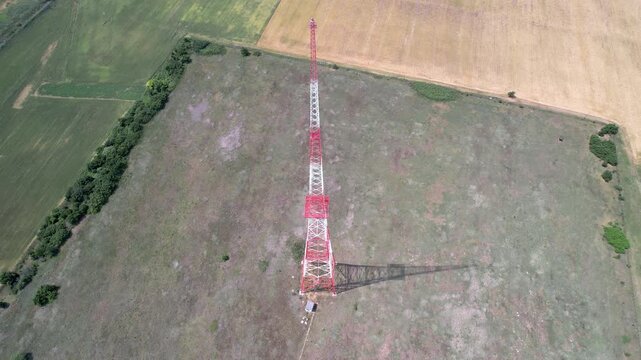 Communication tower top. Radio antenna Tower , microwave antenna tower on light sky background. wireless technology concept. communication development concept. image for objects and article