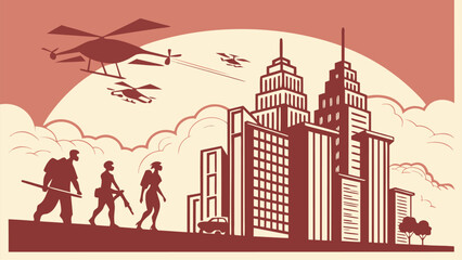 Monochrome cityscape with soldiers helicopters and skyscrapers at sunset