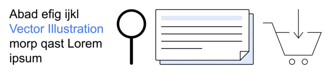 Digital technology, online shopping, data management, information lookup, e-commerce platforms, browsing interface. Magnifying glass, layered document shopping cart with arrow. Online shopping © robu_s