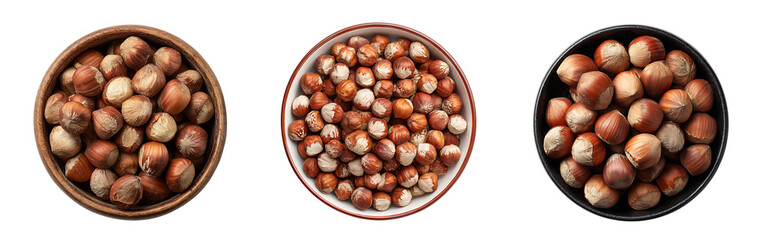 Obraz premium Three bowls of assorted hazelnuts healthy snack isolated on a white or transparent background