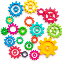 Colorful interlocking gears arranged in a vibrant spectrum on a white background showcasing creativity and playfulness in design