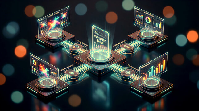 Isometric 3D visualization of a creative AI workflow