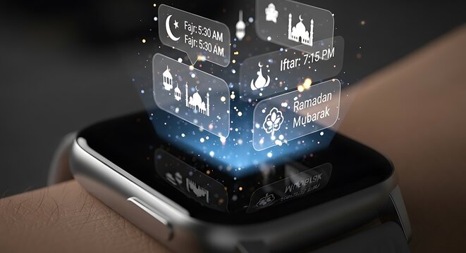 Smartwatch displaying holographic augmented reality projections for muslim prayer times including fajr and iftar during the holy month of ramadan