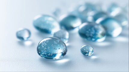 Minimalist studio beauty photograph: glassy gel beads with micro bubbles on white surface