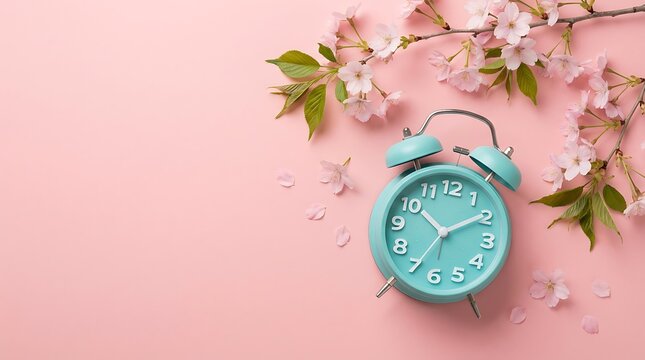 Retro blue alarm clock on pink background surrounded by cherry blossom petals and spring flowers for daylight saving time concept and seasonal morning wake up call advertisement art