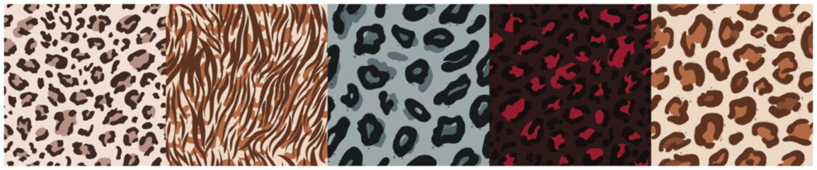 Set of wild animal skin seamless patterns background collection with leopard zebra cheetah tiger animalistic prints © Creative_Bull
