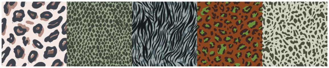 Fototapeta premium Collection of wild animal skin seamless patterns with leopard snake and zebra prints in muted tones