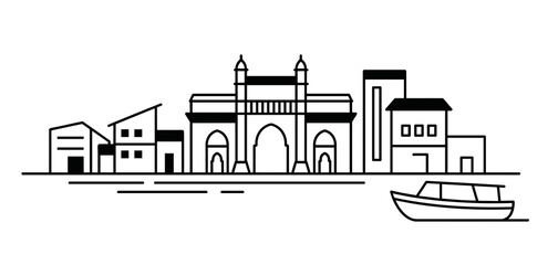 Naklejka premium Simple bold black outline vector illustration of Mumbai city landmark Gateway of India surrounded by modern architecture and a passenger boat cruising on a peaceful lake water.