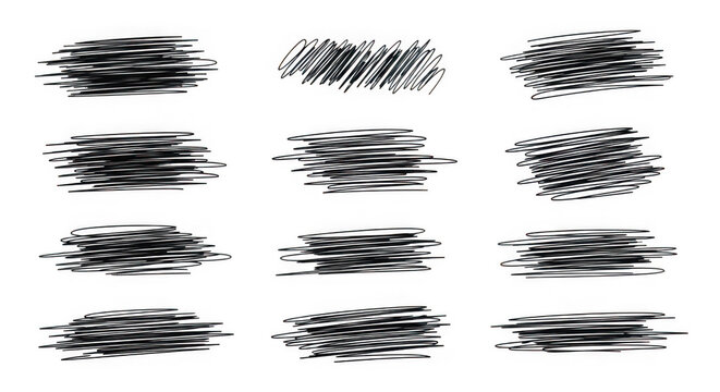 Collection of black scribble textures and brush strokes on white background for design and artistic use