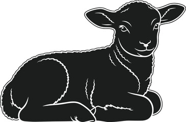 Black lamb silhouette lying down with white outline on white background sheep animal © MdImran