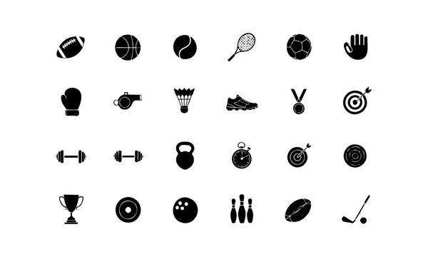 Minimal sport activity glyph icon set in 4x6 layout vector illustration, easily editable.