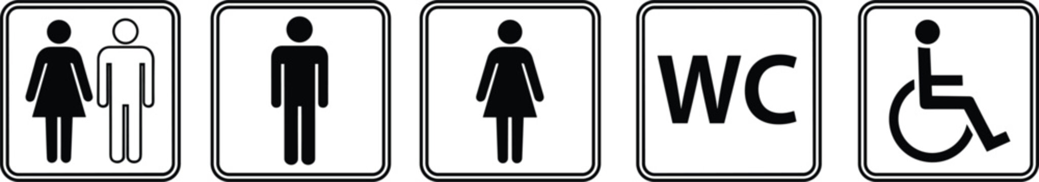 Restroom toilet signs icons set male female WC wheelchair accessible bathroom vector illustration collection design