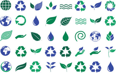 Collection of eco-friendly and recycling symbols with natural elements