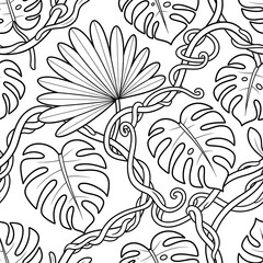 Seamless pattern of tropical jungle leaves and vines in black and white line art style for © MdMizanur