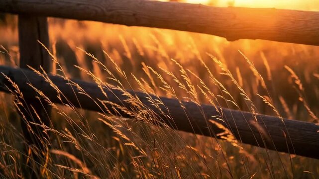 Golden Colored Grass Gently Blowing in the Wind Alongside Rustic Wooden Split Rail Fence at Golden Hour