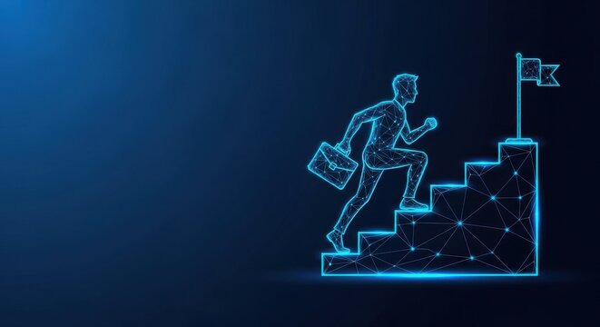 A stylized digital man with a briefcase ascends glowing blue geometric stairs representing career progress and business ambition