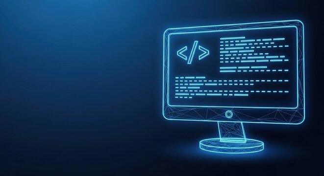 A Glowing Blue Computer Monitor Displaying Code on a Digital Network Background