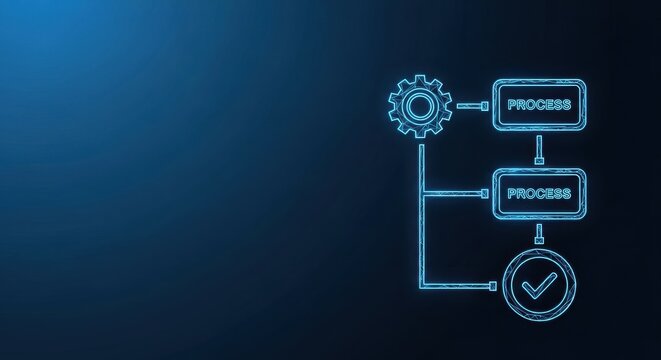Abstract digital workflow diagram with gears and connecting lines representing technological processes