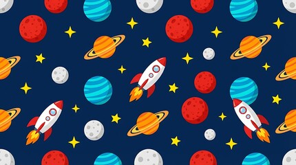 Naklejka premium Seamless outer space pattern featuring cartoon rocket ships planets stars and moons on dark blue background for nursery textiles or children bedroom wallpaper design and wrapping paper