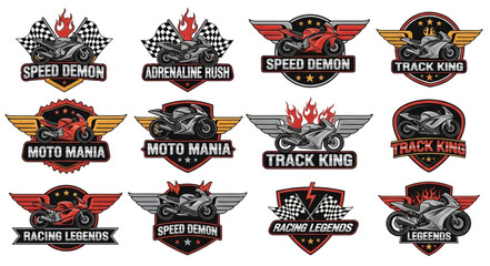 Motorcycle Racing Badges and Emblems Collection for Speed and Adrenaline Enthusiasts. © MAS