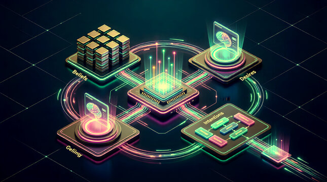 Isometric 3D diagram visualizing an AI agent's BDI cognitive...