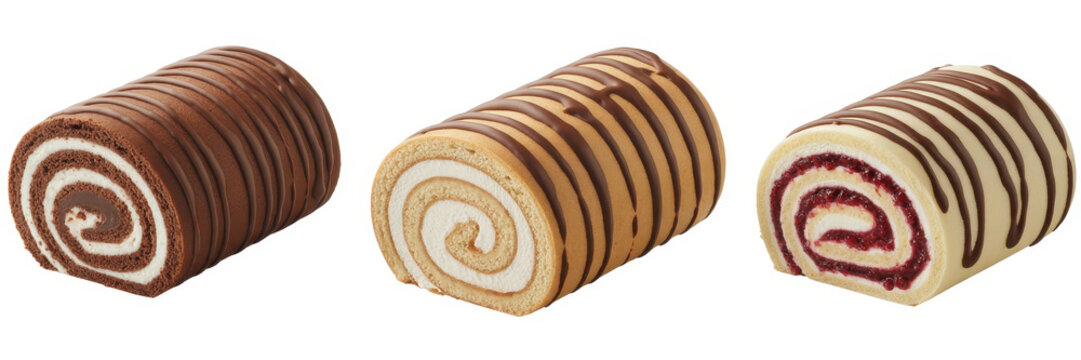 Vanilla and strawberry filled Swiss rolls with chocolate stripes