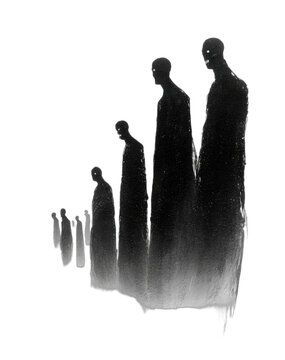 Row of shadowy figures with glowing eyes on black background