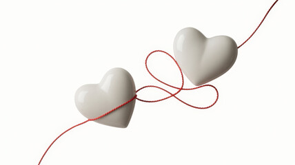 Two white hearts connected by red string connected hearts