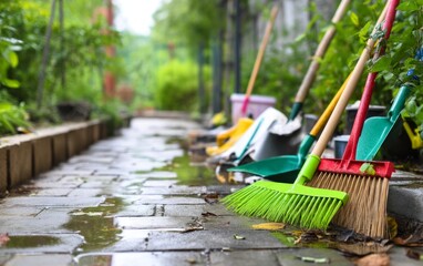 Vibrant Flooded Garden Pathway with Garden Tools