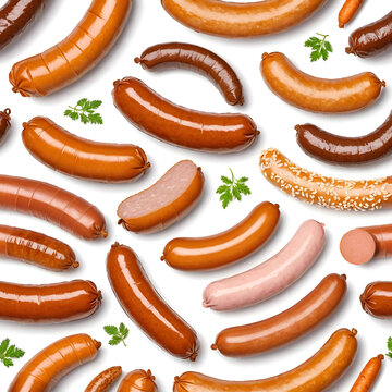 Set of different sausagessuach as Andouille sausage, Banger sausage, Boewors, Bratwurst, Cervelat, Frankfurter isoalted on white