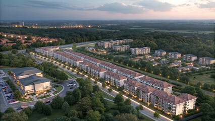 Aerial view of a suburban neighborhood with houses and greenery at dusk
