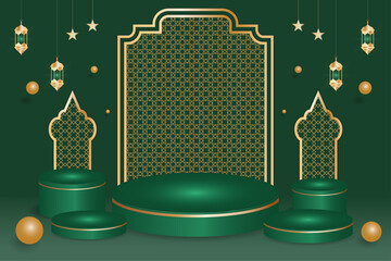 3d podium with Islamic pattern arches and lanterns for Ramadan Kareem and Eid mubarak decorative background display