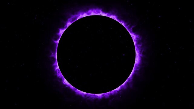Glowing solar eclipse ring with the sun and moon and stars and the planet in space featuring a dark cosmos galaxy design and fiery corona light sphere motion background in the black universe science