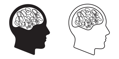 Human Brain and Head Profile Icon Set Vector &ndash; AI, Artificial Intelligence and Psychology Symbol in Outline 
and Filled Styles