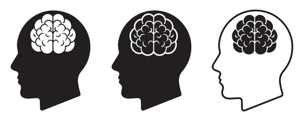 Human Brain and Head Profile Icon Set Vector &ndash; AI, Artificial Intelligence and Psychology Symbol in Outline 
and Filled Styles