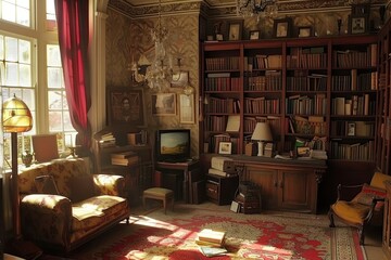 Fototapeta premium Victorian interior design architecture furniture bookshelf.